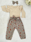 size 6-9 months new baby outfit beige bodysuit olive floral pants & headband