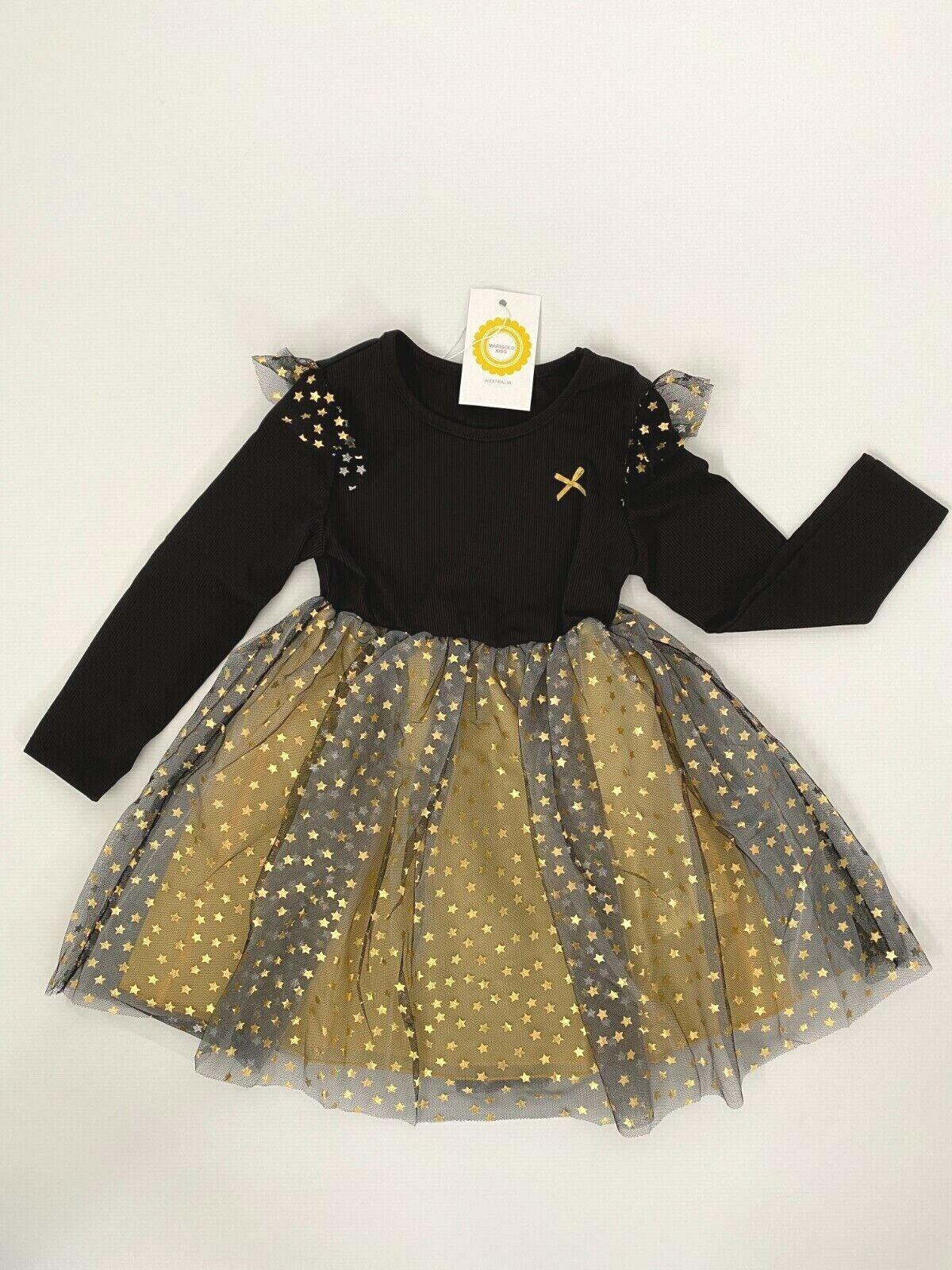 Ebony Black Gold Star Sprinkles Tulle Dress - Size 5-6 Years