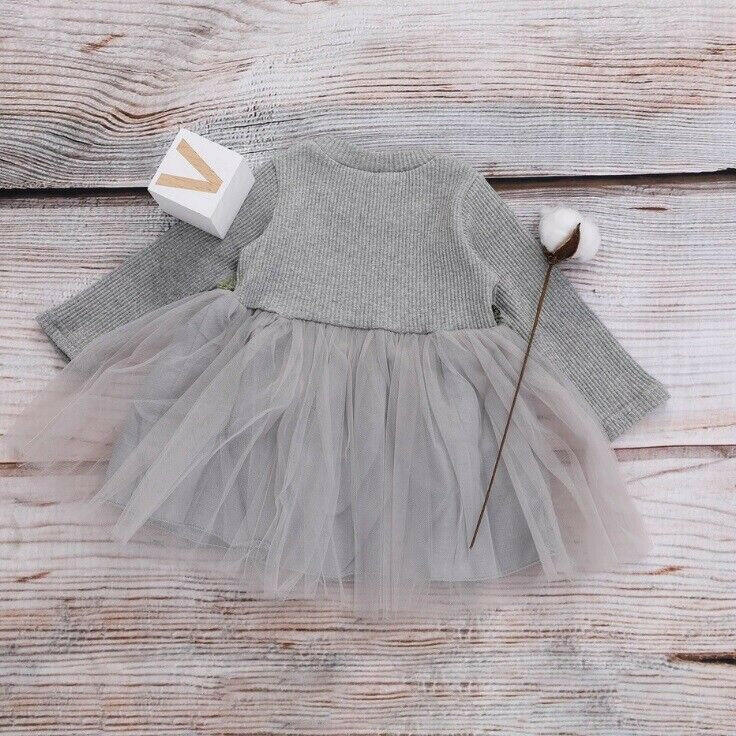 size 12-18 months new girls dress grey long sleeve flower waist tulle dress