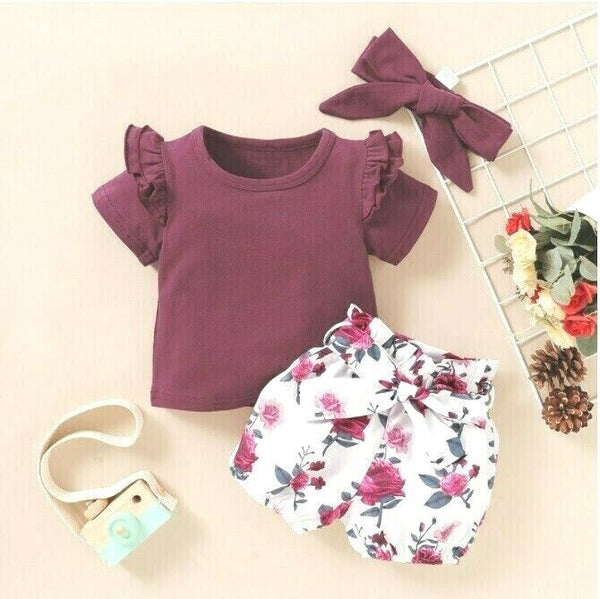 baby clothing size 0-3m to 12-18 months burgundy red rose top,shorts & headband