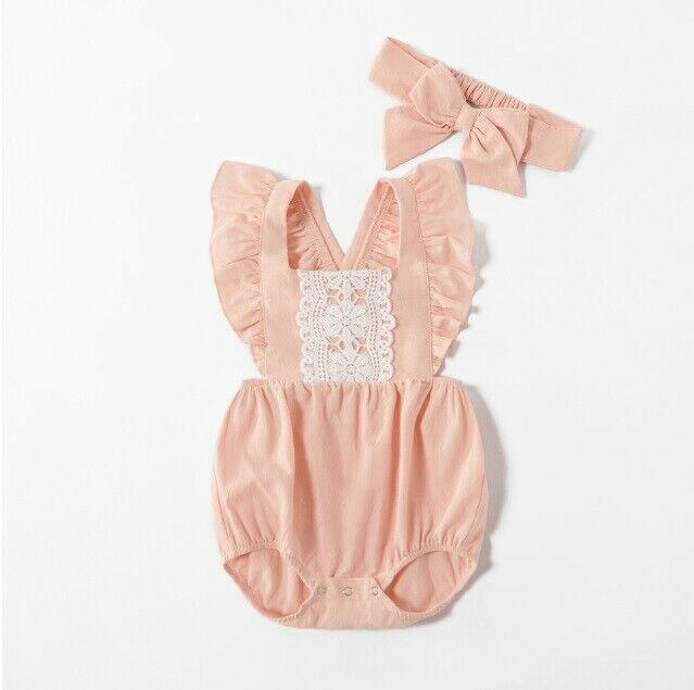 NEW Size 3-6 months 100% Cotton Pink Flutter Sleeve Pinafore Romper & Headband