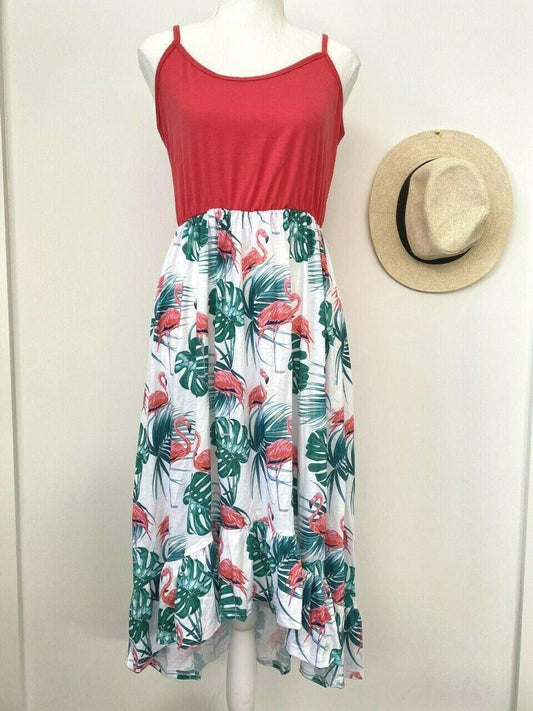 size 12 AUS new womens dress red pink flamingo & palms ruffle high-low dress