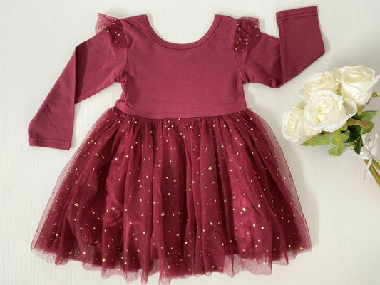 Girls dress burgundy gold stars and moon tulle girls dress