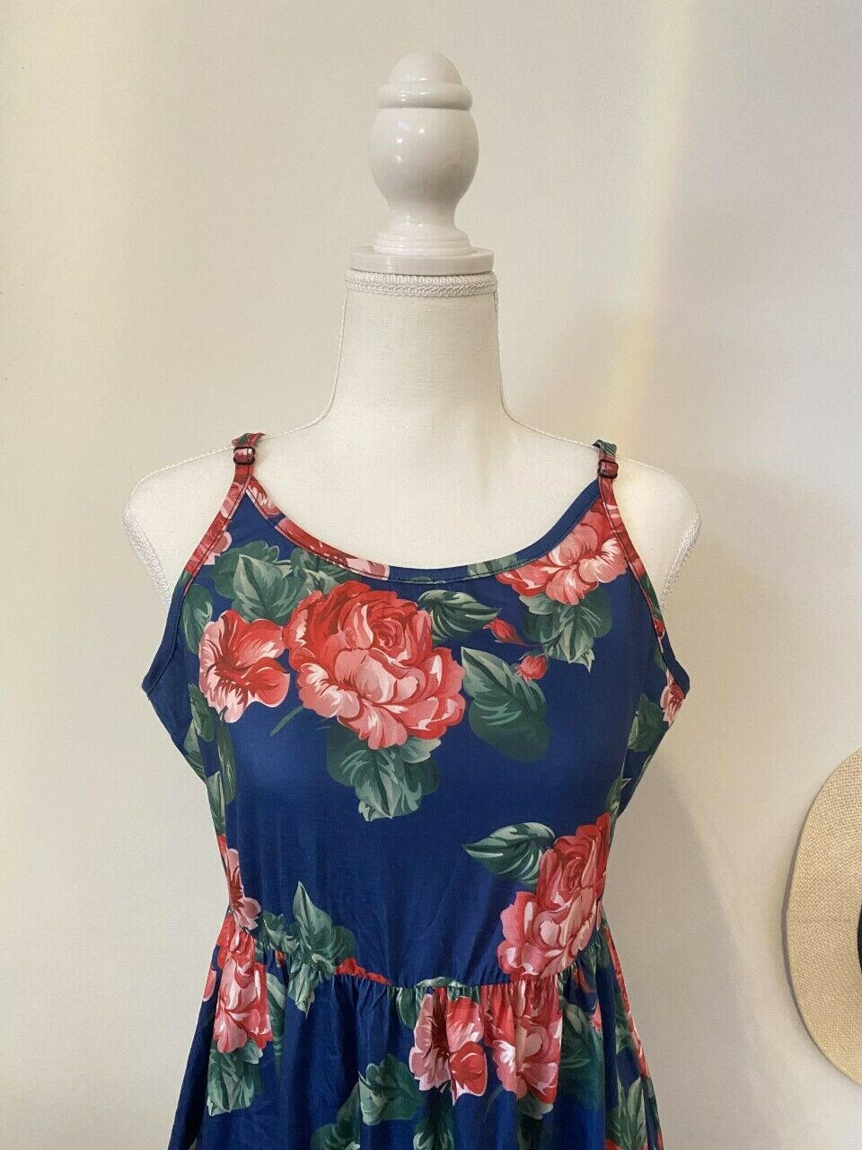 size 12 AUS  new womens dress dark blue pink floral round hem womens tank dress