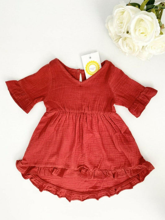 size 3-6m to 12-18 months baby toddler dress 100% cotton red boho ruffle dress