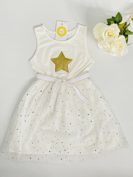 size 4-5y to 8-9y new girls dress gold sparkle white belted tulle dress