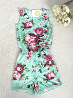 Girls Romper Size 3 to 6 years Pink/Green/Blue Floral Pom Pom Trim Playsuit