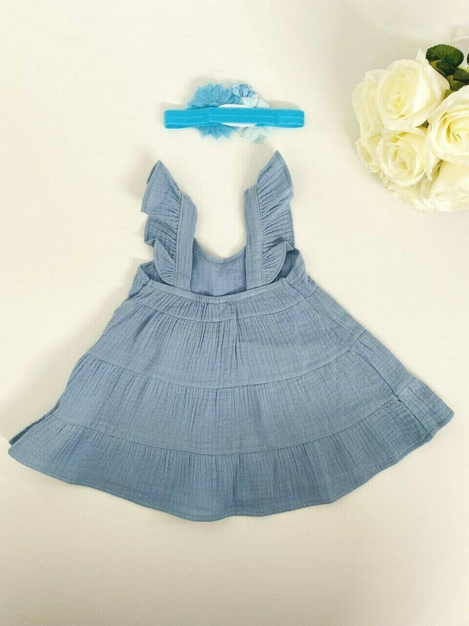 size 3-6 months new baby girls dress blue ruffle sleeve cotton dress & headband