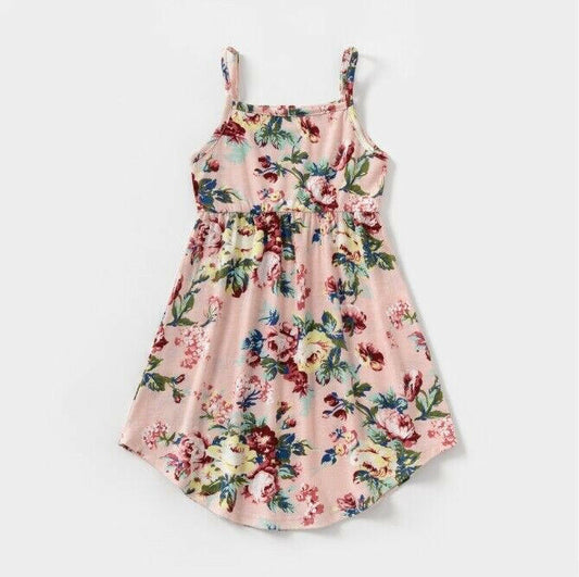 Dusty pink floral curve hem girls dress