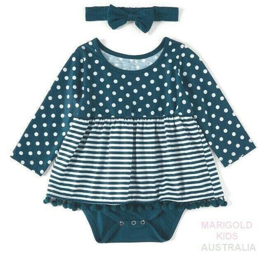 Baby Girls Dress New Size 3-6 months Navy Blue Polkadot Stripe Dress & Headband