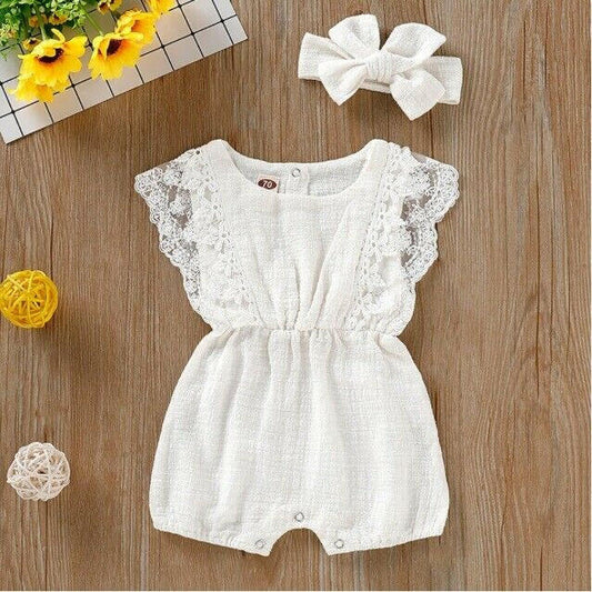 New White Lace Trim Baby Romper and Headband Set