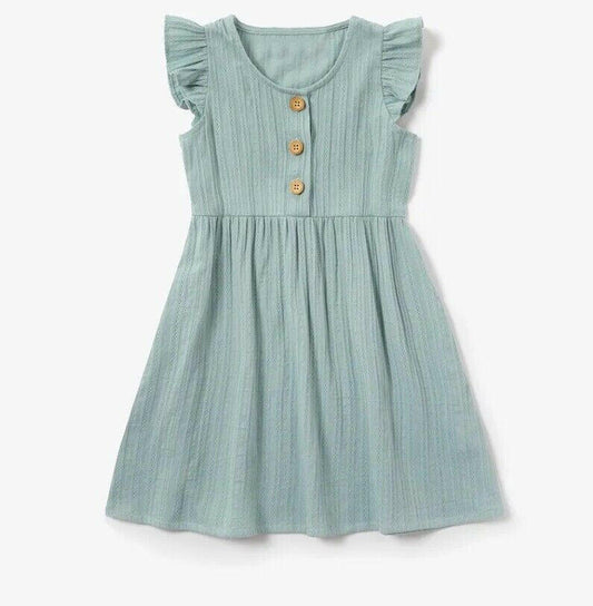 SOLD OUT -100% cotton green flutter sleeve button girls dress