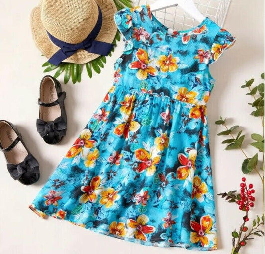 size 4/5/6/7/8/9/10/11 years new girls dress acqua blue tropical floral dress