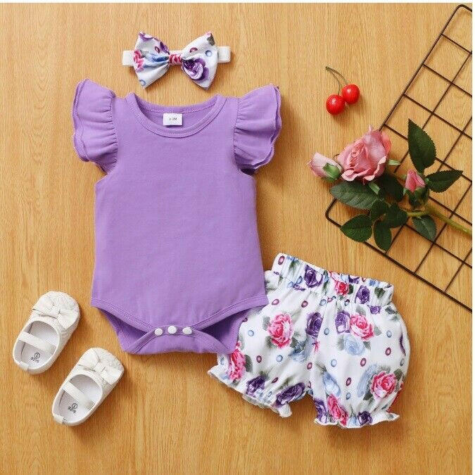 Baby girls clothing new purple lavender bodysuit floral shorts headband set