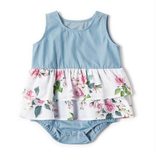 NEW Size 3-6 months Baby Dress Pretty Floral Chambray Baby Girls Romper