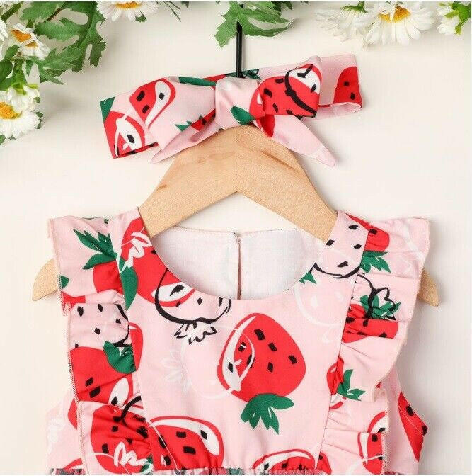 Size 3-6m to 9-12 months new baby girls pink red strawberry dress & headband