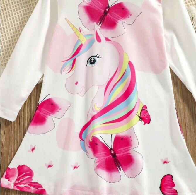 girls dress pink unicorn & butterfly long sleeve dress size 18-24m / 3-4 years