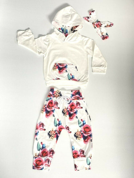 size 12-18 months new toddler girls white & rose hoodie, pants & headband set
