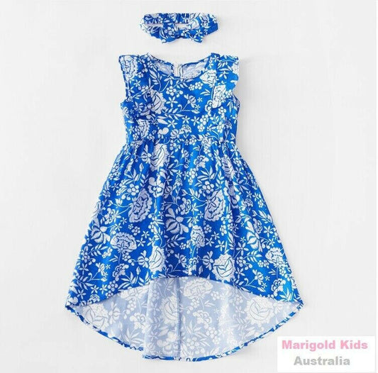 Girls Dress Blue Floral Mosaic High Low Dress & Headband Set Size 3-4 Years New