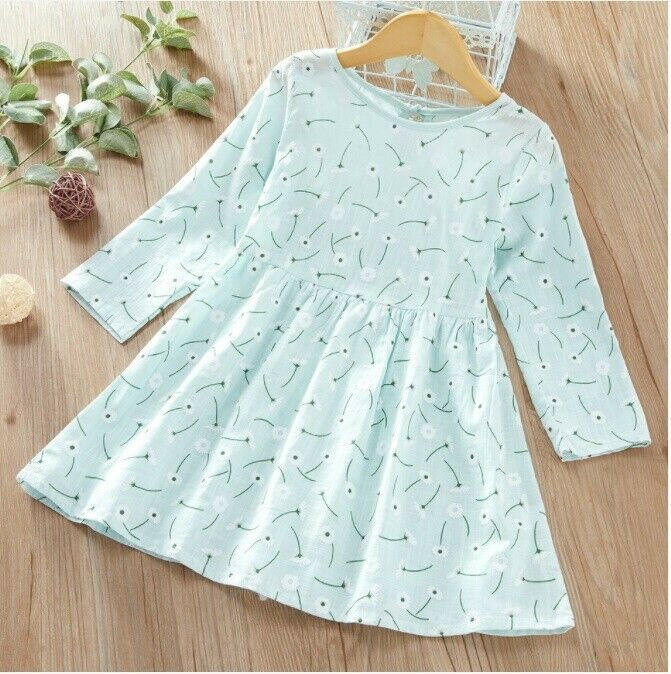 size 18-24m to 5-6y new girls dress blue long sleeve mini gerbera print dress