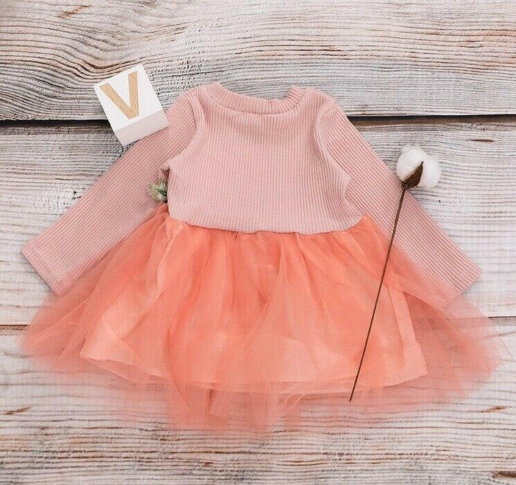 size 9-12 months new baby girls dress pink long sleeve flower tulle dress