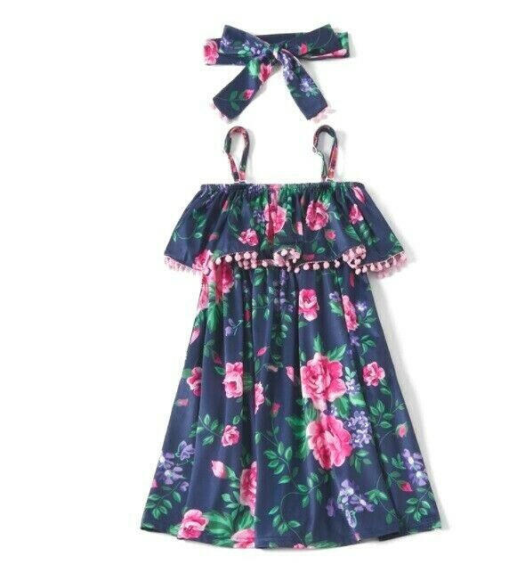 Girls Dress New Size 2 years Dark Blue Floral Pom Pom Ruffle Dress & Headband