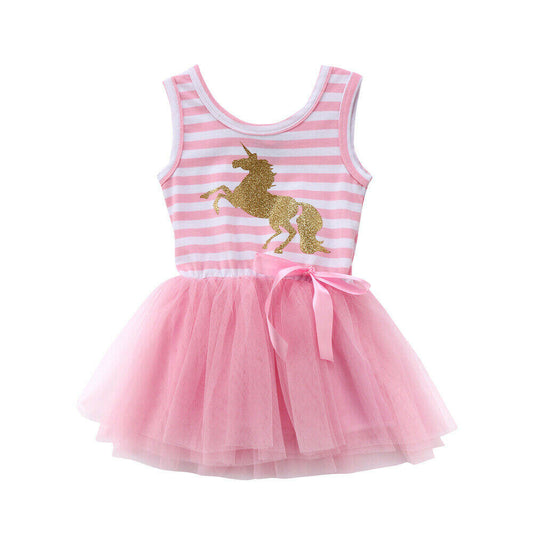 NEW Size 6-12 months Baby Girls Dress Pink Stripe Glitter Unicorn Tulle Dress