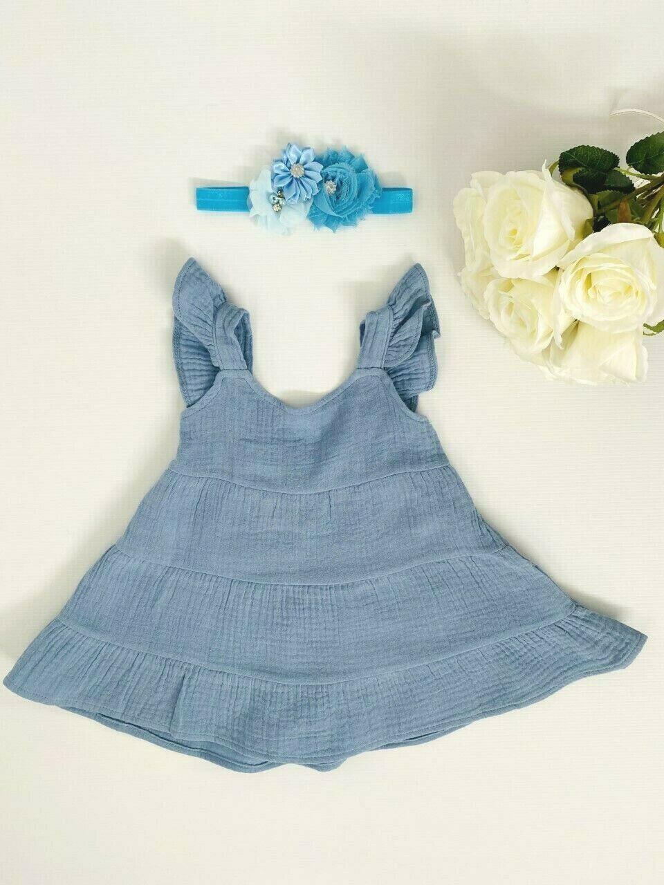 size 3-6 months new baby girls dress blue ruffle sleeve cotton dress & headband