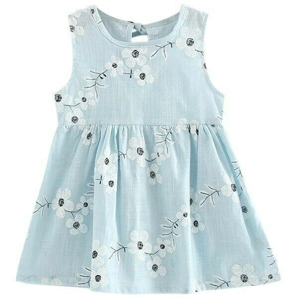 NEW Size 3-4 Years Girls Dress 100% Cotton White Flower Blue Girls Dress