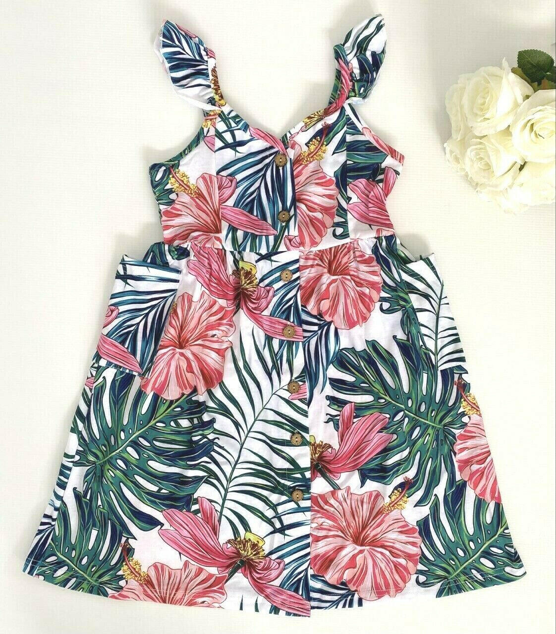 size 2y to 8-9 years new girls dress pink tropical flower & green palm dress