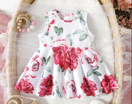 Toddler Girls Dress: Rose Red Floral Print Girls Dress