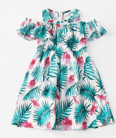 NEW Size 4-5 Years Girls Dress Green Tropical Palm & Pink Hibiscus Floral Dress