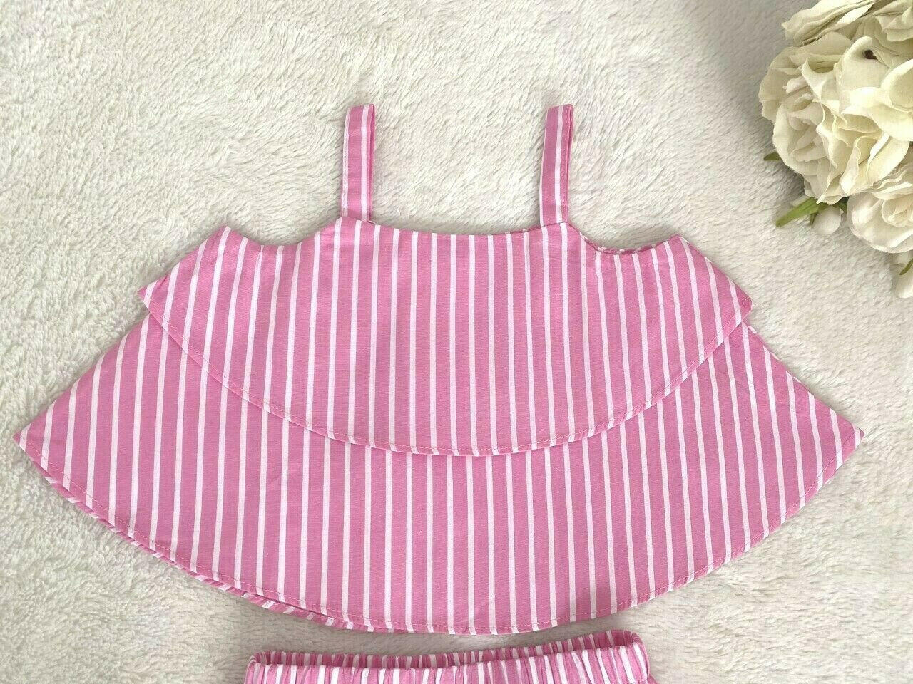 size 3-6 months baby girls outfit pink stripe ruffle top and short 2 pc set.