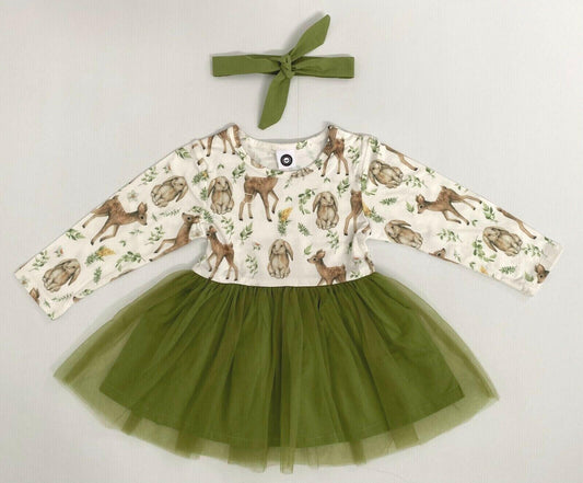 Baby/Toddler Girls Dress New Forest Deer & Rabbit Green Tulle Baby Girls Dress