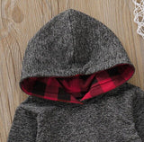 size 0-3m to 12-18 months new boys 2pc outfit grey & red plaid hoodie & pants