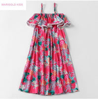 size 6-7 years girls dress pink hibiscus floral flounce maxi dress- 1 Left