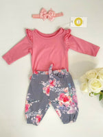 Baby girls outfit pink bodysuit floral pants & headband size 0-3 months