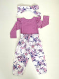 size 3-6m to 18-24m baby girls outfit pink purple floral top, pants & headband