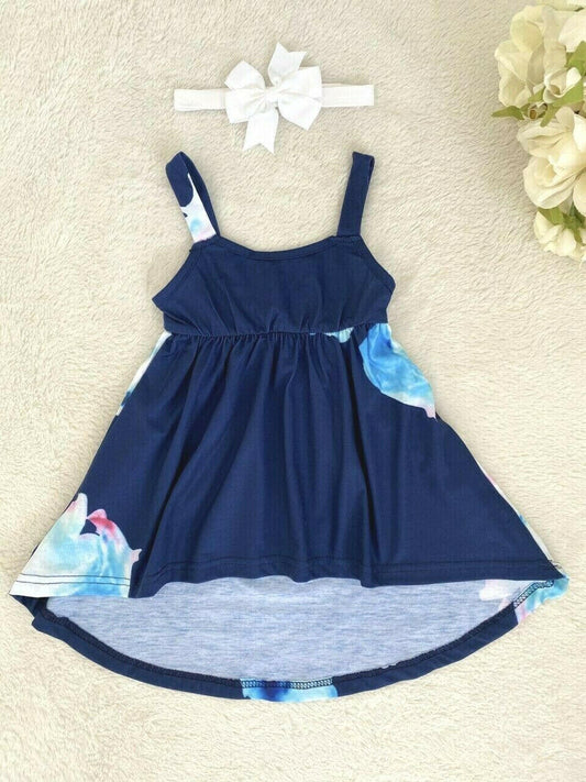 NEW Size 3-6 months Baby Girls Dress Navy Floral High Low Baby Dress & Headband