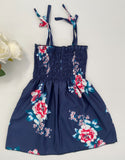 girls dress navy blue pink floral shirred bodice girls dress size 12-18 months