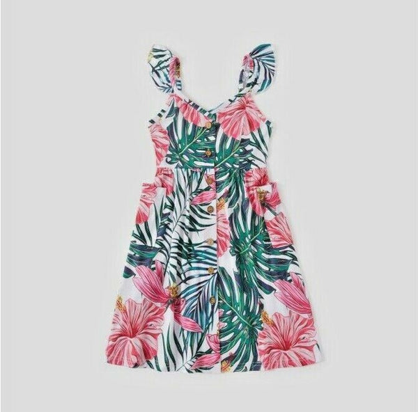 size 2y to 8-9 years new girls dress pink tropical flower & green palm dress