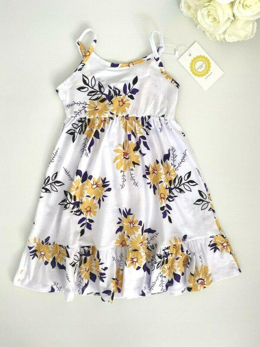 New Size 2 Girls Dress: Yellow Floral Print White Dress