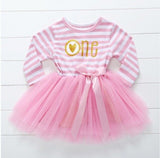 size 1 year toddler girls dress pink & white striped 'one heart'  tulle dress