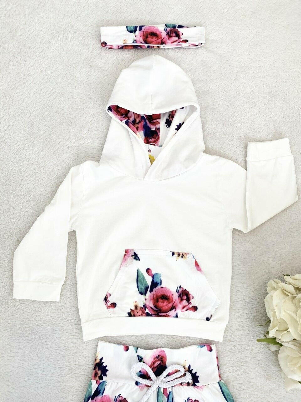 size 18-24 months new toddler girls white & rose hoodie, pants & headband set