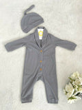 Baby Boys Romper Grey Shawl Collar Button Romper & Beanie Set