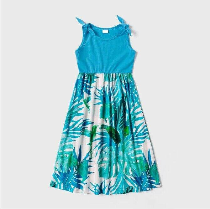 Girls Turquoise Blue Tropical Dress - Palm Print Tank Maxi Dress