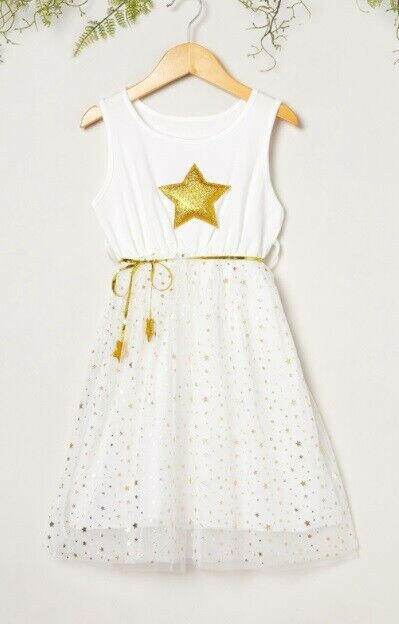 Gold Glitter Star and Sprinkle White Tulle Party Dress
