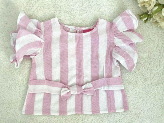 Size 0,1,2 Baby Clothing Baby Girls Pink Stripe Ruffle Sleeve Top - Select Size - MARIGOLD 