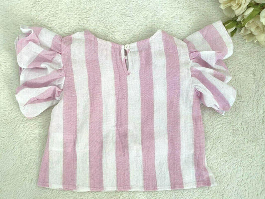 Size 0,1,2 Baby Clothing Baby Girls Pink Stripe Ruffle Sleeve Top - Select Size - MARIGOLD 
