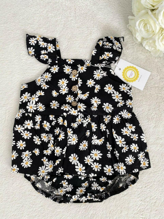 Daisy Flutter Sleeve Cotton Baby Dress - Snap and Button Details - MARIGOLD 